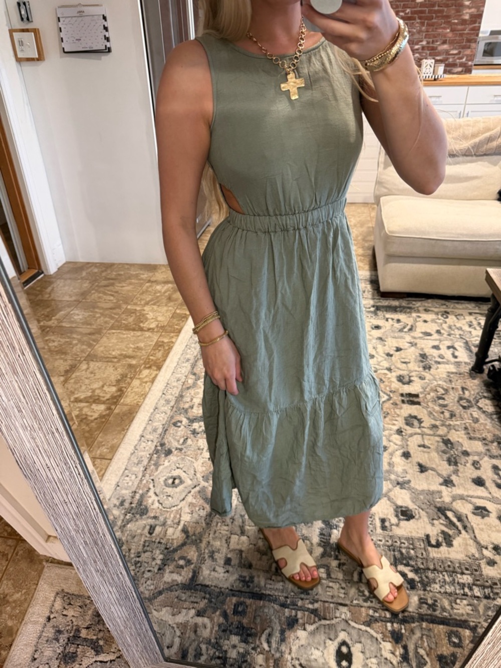 Sleeveless Sage Green Cutout Midi Dress